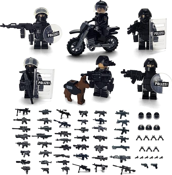 Toysvill SWAT Military Police Building Block Kit | Motorcycle &amp Soldiers Minifigures (Classic Set of 6 PCS) with Dog Modern Weapons and Accessories Gift