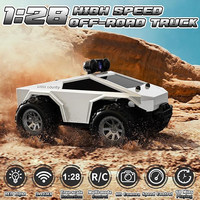 RC Cars with Camera Remote Control Truck with 720P HD FPV Camera All-Terrain Remote Control Car with Body Light Rechargeable Battery 1:28 RC Car Vehicle Toy Gifts for Adults Kids Boys Girls