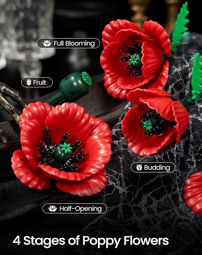 iATOM Red Poppy Flower Bouquet Building Set 12Pcs Artificial Botanical Collection for Adults - Gift for Valentine's Day for Her/Mom/Girlfriend/Wife/Couple Home Table Centerpiece Decor Aesthetic