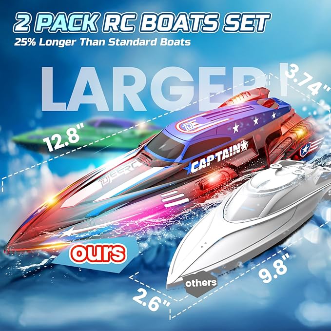 DEERC 2 Pack 13 inch Remote Control Boat for Kids 4 Batteries 2.4Ghz RC Racing Boat with LED Lights for Pools and Lakes Summer Water Toy Gift for Boys 8-12