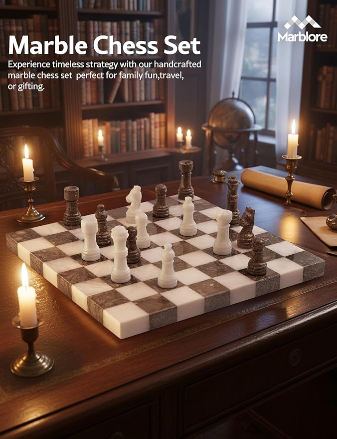Marble Chess Set 10 Inch White &amp Oceanic Luxury Chess Board Set with 32 Pieces &amp 2 Extra Queens Classic 2 Player Game for Adults Travel &amp Home Decor Friendly