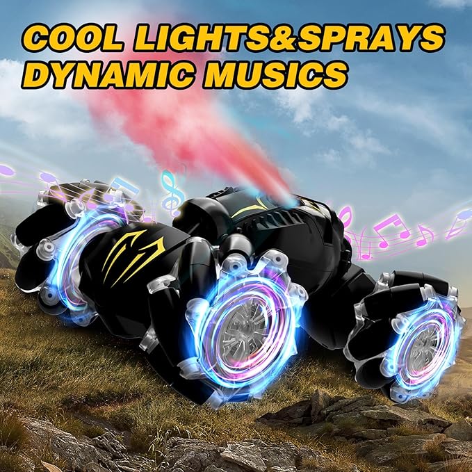 Remote Control Car for Boys 8-12 4WD Gesture Sensing RC Stunt Car 2.4Ghz with Lights Music Sprayer RC Cars for Boys Age 4-7 8-12 Hand-Controlled Cars Toys Birthday Gifts for Kids Girls Black