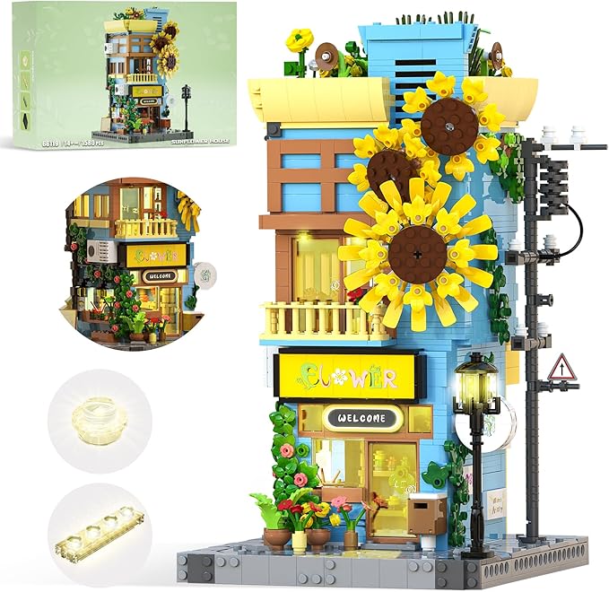 Sunflower House Building Set with LED Light 3-Story Japanese Street View House Blocks 1580PCS Creator Architecture Model Building Kit Home Office Decor Gift for Adults