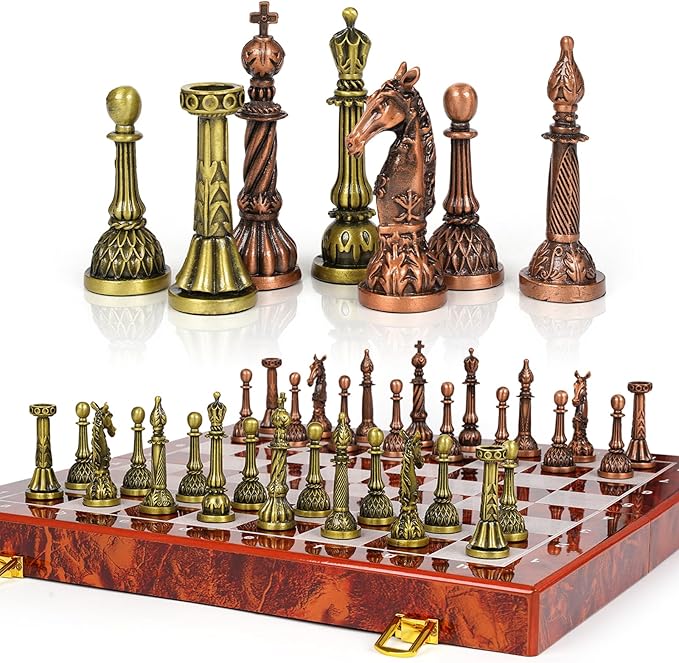 Vintage Metal Chess Set for Adults &amp Kids – Folding Marbling Chess Board with Storage – Elegant Travel Chess Set with Weighted Metal Pieces – Classic Board Game Gift &amp Home Décor
