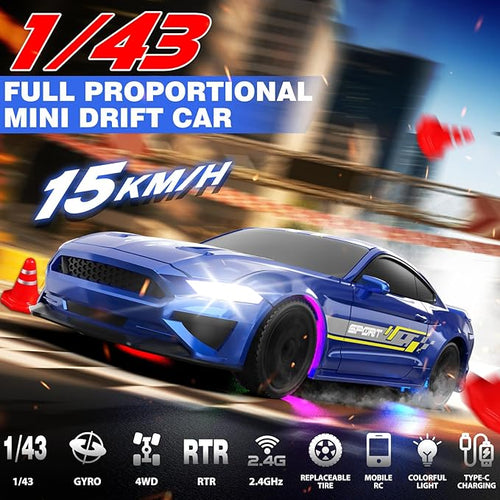 1/43 RC Drift Car Mini Drifting RC Car with Gyro 2.4GHz Full Proportional Drift Cars 4WD RTR Remote Control Cars with Colorful Lights High Speed Fast Racing Vehicle Gift for Kids Boys Adults