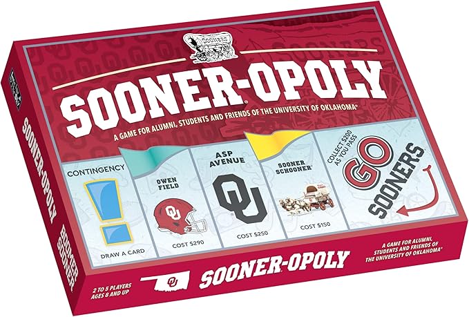 Late for The Sky University of Oklahoma Sooneropoly Board Game – Campus Edition Family Property Trading for 2–6 Players Alumni Students and Fans