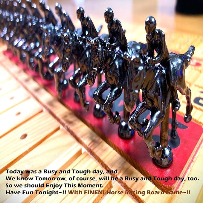 Horse Racing Board Game with Luxurious Durable Metal Horses 11 Pieces Black Real Pine Wood Horseracing Game Board Dice and Cards