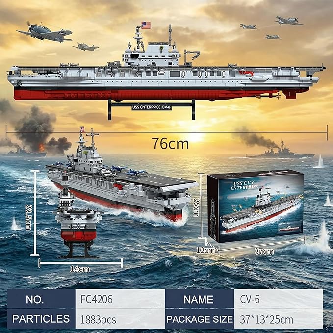 USS CV-6 Enterprise Battleship Building ToysMilitary Series Ship MOC World War II Battleship Toy Gift Ship Building Block Set for Adult Collection(1883 Pieces)