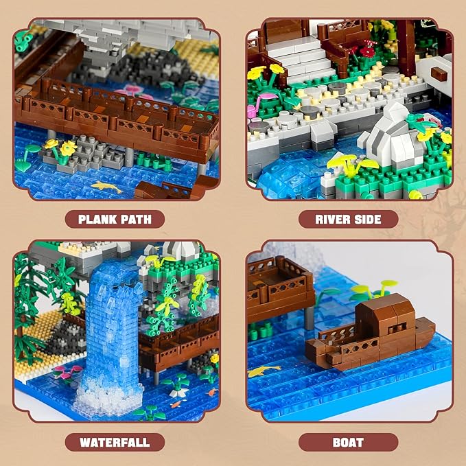 Peach Blossom Pond Micro Mini Building Blocks Set for Adults and Kids Chinese Architecture Cherry Bonsai Gift Toys with String Lights Japanese Flowers Tree House Micro Bricks (3320PCS)