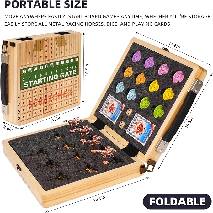 21 Large Horse Race Board Game - Solid Wood Horse Racing Game with 11 Metal Horses 60 Poker Chips Dice &amp Cards Foldable Tabletop Party Game for Adults Family Game Night &amp Friends