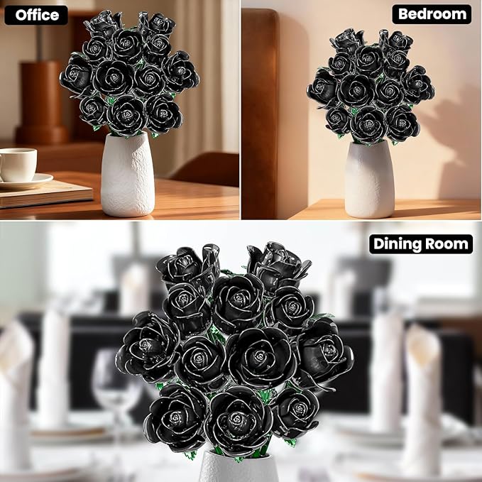 Black Rose Bouquet Building Set for Girls &amp Boys - 12 Pack Botanical Collection Gift for Easter Basket Artificial Flowers Botanical Collection Centerpiece Retro Decor
