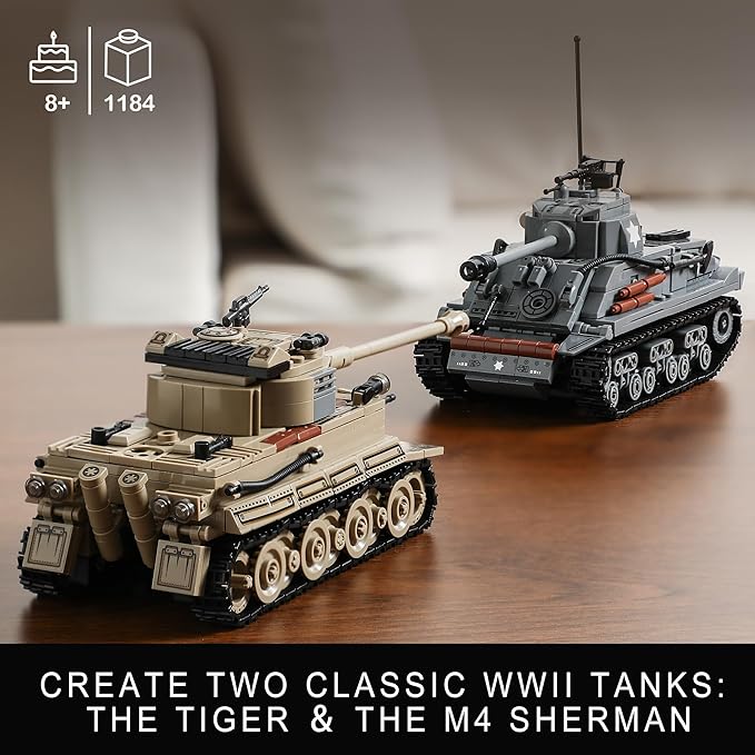 WW2 Army Tank Toys Building Kit Compatible with Lego Create a German Tiger &amp an American M4 Sherman Models with 1184 Blocks Great Military Toy Gifts for Boys Kids Age 8-14