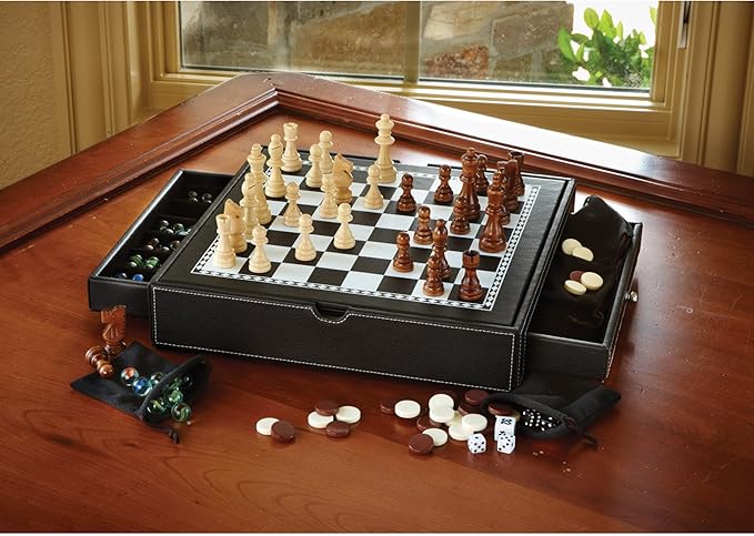Mainstreet Classics Broadway 5-in-1 Combo Board Game Set: Chess Checkers Backgammon Chinese Checkers and Dice Games