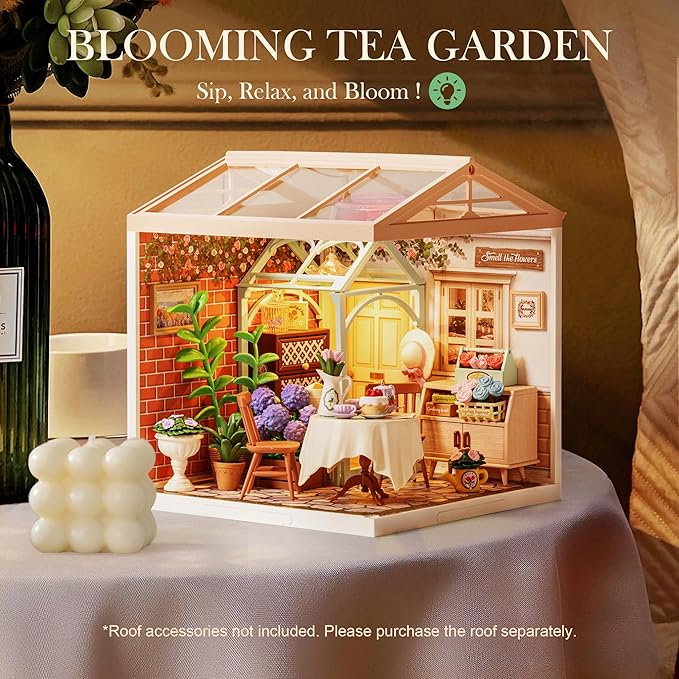ROBOTIME Super Creator Toy Building Set DIY Miniature House Kit with LED Tiny Room Making Kit Expandable Plastic Craft Toy for Creative Play Home Decor Unique Hobby Gift (Blooming Tea Garden)