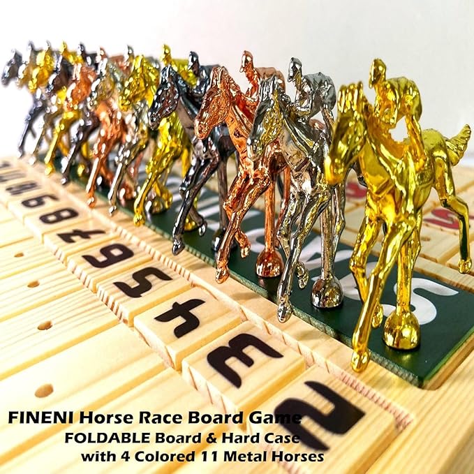 Horse Racing Game for Adults Foldable Horse Race Board Game with 11 Luxurious Metal Horses (Gold Silver Black RoseGold) 22” Pine Wood Horse Race Game Board Dice &amp RoseGoldCard (Log Color)