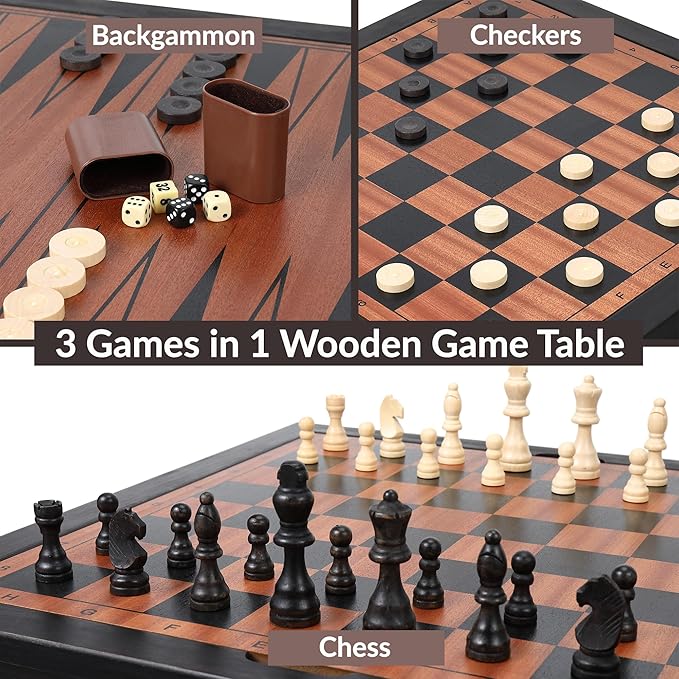 Sterling Games Wooden Chess Table | Chess Checkers and Backgammon 3 in 1 Combo Game Table Furniture Set 25 x 25 4 King Dark Zebra