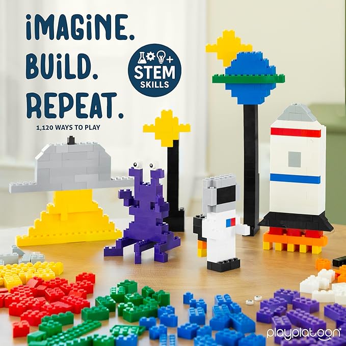 Play Platoon 1100 Pieces Building Bricks Set - 10 Classic Color Blocks - Bulk Building Blocks Compatible with Major Brands - 14 Different Shape Bricks - Includes Wheels Tires Axles Windows &amp Do