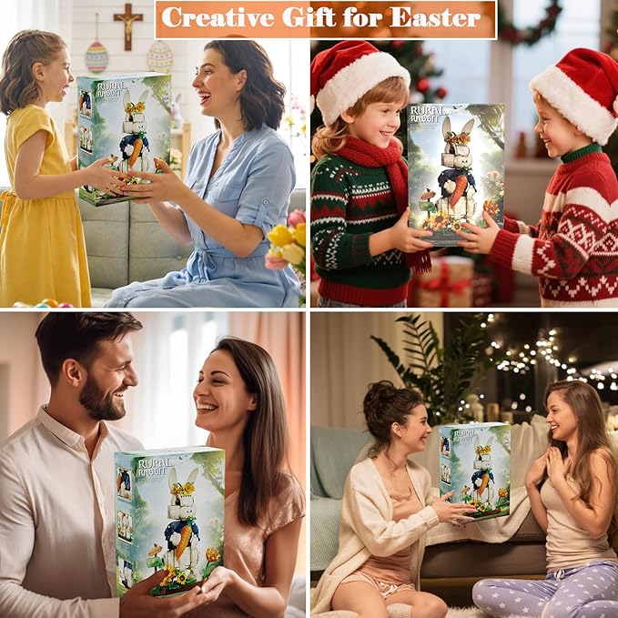 Easter Bunny Building Set with Carrot &amp Sunflower Base 1258 PCS Bricks Blocks Rabbit Model Compatible with Lego Easter Creative Easter Gift for Kids and Adults