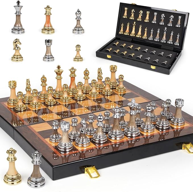 Luxury Large Metal &amp Acrylic Chess Set with Wooden Chess Board (17”) – Weighted Chess Pieces with 3.5” King Foldable Tournament Chess Set for Adults and Kids Professional Chess Game Set