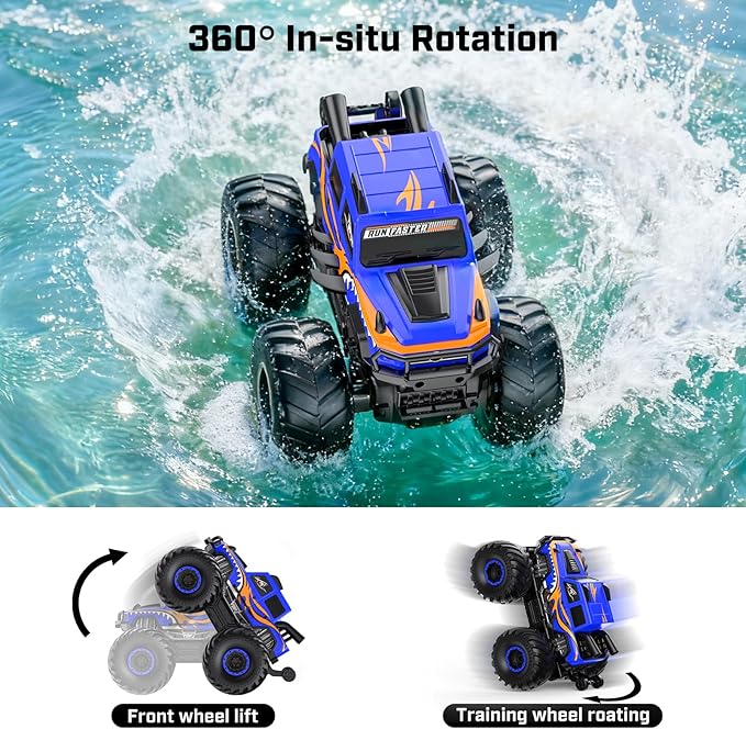 WayEee Remote Control Car Toys for Kids 6+ RC Car Waterproof Monster Truck Toys Amphibious 4X4 Pickup All Terrain Off-Road Vehicles 2.4GHz Remote Control 1/18 Scale RC Truck Boys Gifts/Blue