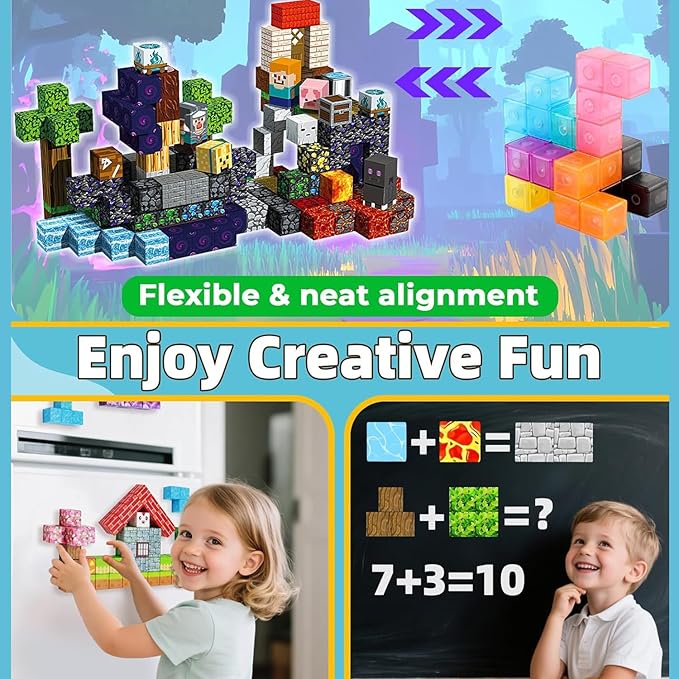 Magnetic Building Blocks Set 200 Pieces Pixel Style Construction Toys with Character Blocks 0.8 Inch Cubes for Ages 3+ Non-Toxic Educational STEM Toys