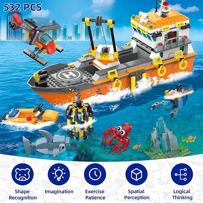City Ocean Explorer Ship Building Set Fun Toy Exploration Boat Building Block Kit with LED Lights Helicopter Submarine Birthday for Boys Girls Kids 6 8 10+