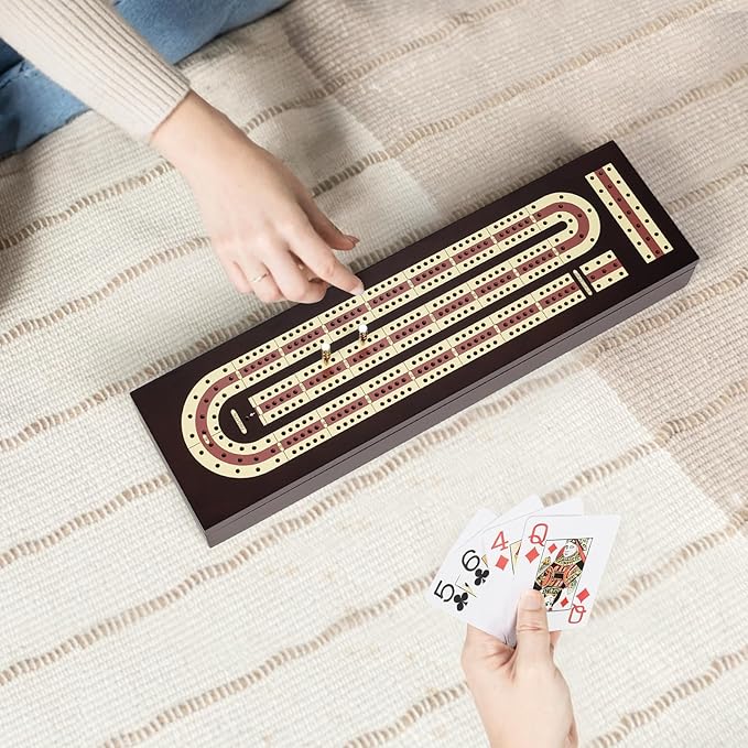 Cribbage Board Game Set Premium Wooden Board with Magnetic Lock and Metal Pegs 2 Playing Cards and Large Storage - Travel-Friendly Continuous 3 Track Board