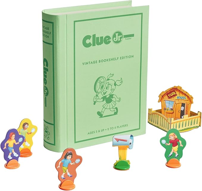 WS Game Company Clue Jr. Vintage Bookshelf Edition: The Case of the Hidden Toys – Linen Fabric Wrapped Book Storage Case – Clue Junior Mystery Board Game for Kids and Families (2-4 Players Ages 5+)