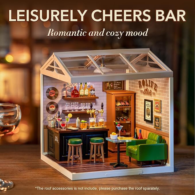 ROBOTIME Miniature House Kit DIY Plastic House Building Toy Set with LED Tiny Store Making Kit Model Craft Hobby Unique Gift (Leisurely Cheers Bar)