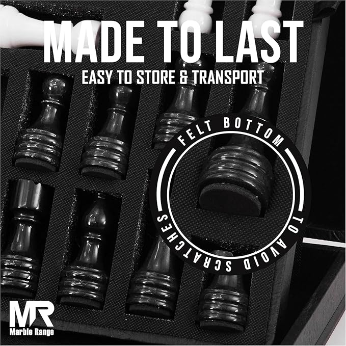 Marble Chess Set for Adults 15 Handmade Black &amp White Board Game with 32 Chess Pieces 2 Extra Queens &amp Storage Box Luxury Travel Game – Elegant Home Décor