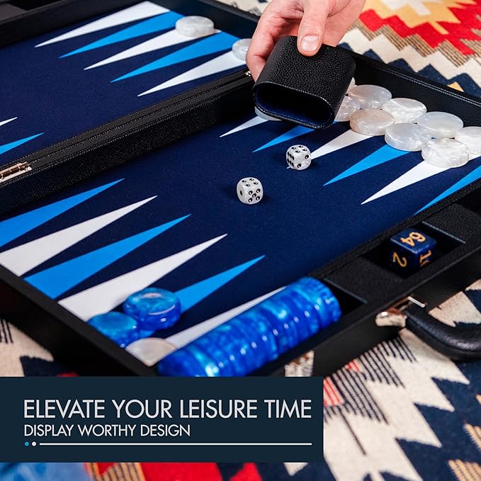 19 Inch Premium Backgammon Sets for Adults Leather Black - Blue. Premium 1.6 Inch Checkers &amp Dice Set Travel Backgammon Set Large Backgammon Board Game Backgammon Game Set