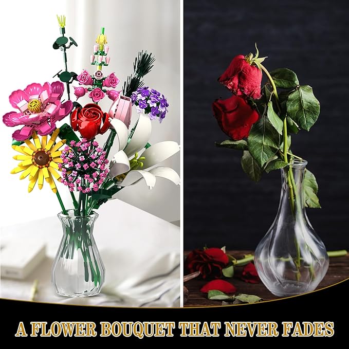 Flower Building Kit 699 PCS Eternal Flower Bouquet with Peony Rose Sunflower Lily &amp More DIY Floral Arrangement Set for Home Decor Gift for Christmas Day Building Blocks for Adults &amp Ki