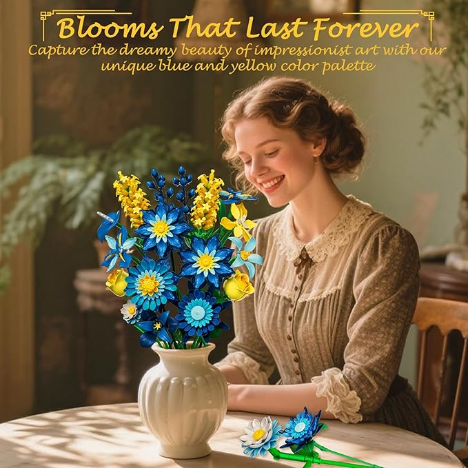 Glacia Daisy Flower Bouquet Building Kit Art-Inspired Ice Blue Floral Arrangement with Premium Blocks Eternal DIY Flower Decor for Home for Christmas Day Building Set for Adults &amp Kids