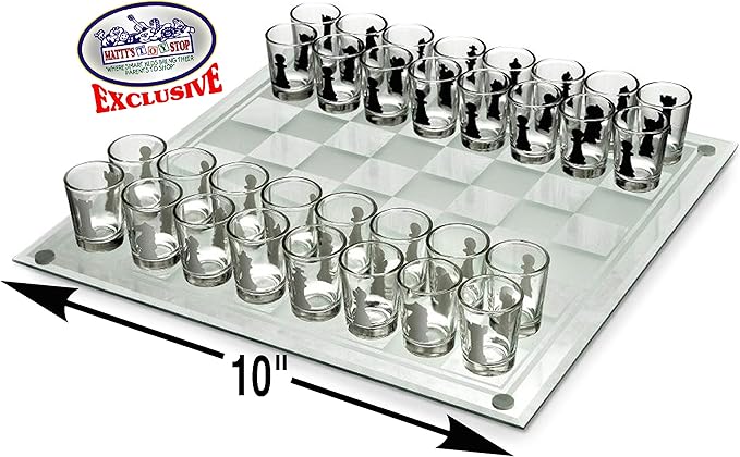 Matty's Toy Stop Small Shot Glass Chess Set Drinking Game Set (10 x 10) with Plastic Shot Glasses (1.5) and Glass Game Board - Drunken Chess