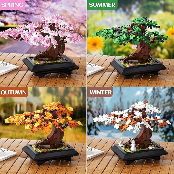 Bonsai Tree Building Set 4 in 1 Four Seasons Bonsai Tree Building Toy Plant Collection Home Decoration Building Blocks DIY Adult Creative Gifts for Kids