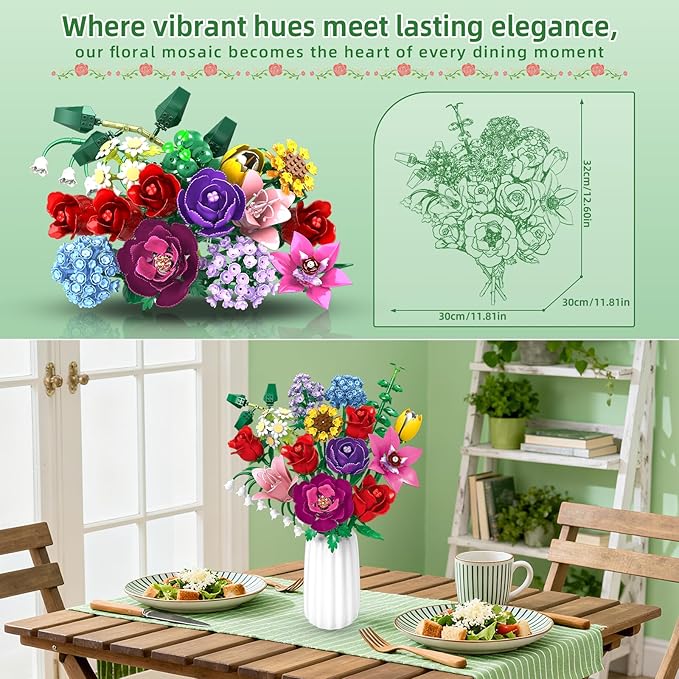 Flower Bouquet Set for Adults Botanical Collection Building Block Toy with Roses Sunflower for Teen Girls Artificial Plant Home Office Decor Gifts for Valentines Birthdays Mother's Day