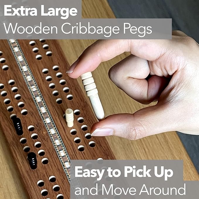 Sterling Games Extra Large Extra Long Cribbage 16 Wooden Game Board 2 Persons Double Track Board with 1/4 Holes and Italian Inlaid Large Wooden Pegs Great for Seniors and Children