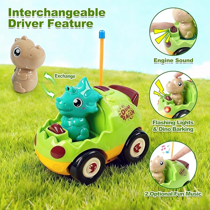 2-Pack RC Dinosaur Cars for Kids - Remote Control Dinosaur Toy Cars with Music and Lights Birthday Gift Toy for Boys Ages 2 3 4 5 Year Old and Toddlers 18+ Months