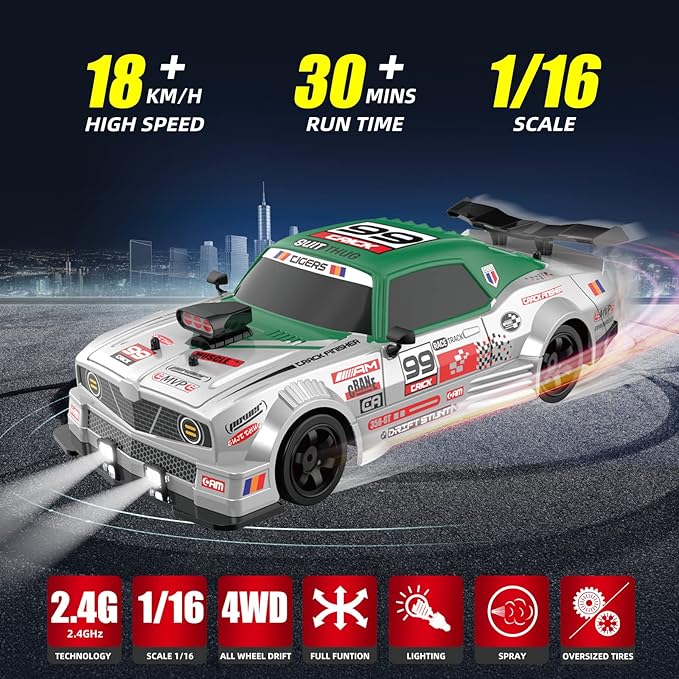 RC Drift Car with Spray Remote Control Cars 1/16 2.4GHz 4WD Remote Control Drift Car Drifting RC Cars with LED Lights and Drifting Tires Toy for Adults Boys Kids