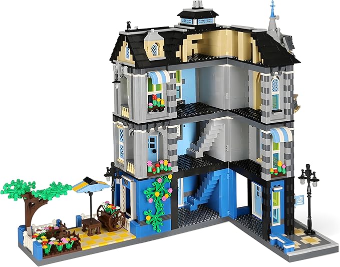 General Jim's 3-Story Victorian Townhouse &amp Garden Coffee Shop 2313-Piece Blue &amp Yellow Modular Building Blocks Set - MOC City Buildings - Great Gift for Brick Building Enthusiasts