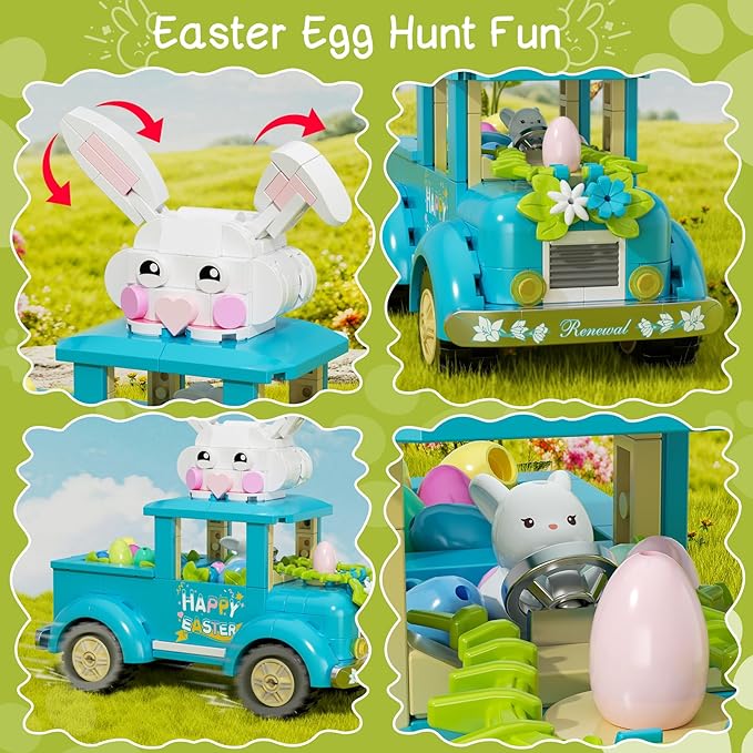 Easter Bunny Egg Harvest Truck Building Toy Set - Cute Rabbit Driver Movable Ears &amp Rolling Wheels Creative Removable Egg Easter Decoration Gifts for Kids Adults Boys Girls 8+
