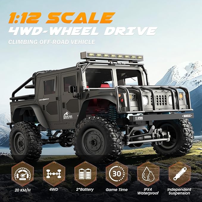 SIMREX 1:12 Scale All-Terrain Remote Control Car 4WD RC Cars with 2.4 GHz RC Climbing Truck IPX4 Waterproof Off-Road Vehicle with Two Rechargeable Batteries for Kids Teens Adults