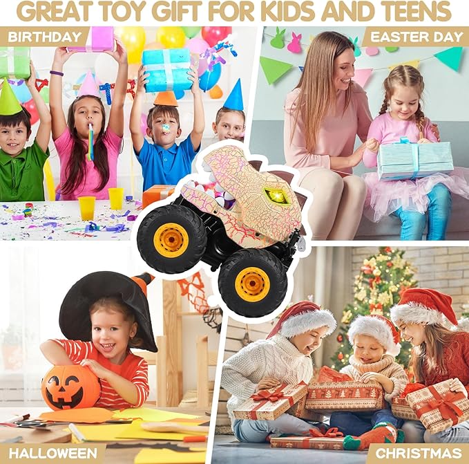 DYODYORC Remote Control Car 2.4Ghz All Terrain Dinosaur Monster Truck Toys RC Truck with Spay Music 3 Lighting Effects Stunt Capable Toy Gifts for Boys and Girls (Yellow)
