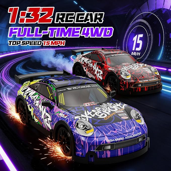 Mini RC Drift Car 1:32 Scale with LED Lights – Remote Control Car with LED Lights &amp 2-Speed Modes 2.4GHz Stunt Drifting RC Toys a for Children and Adults