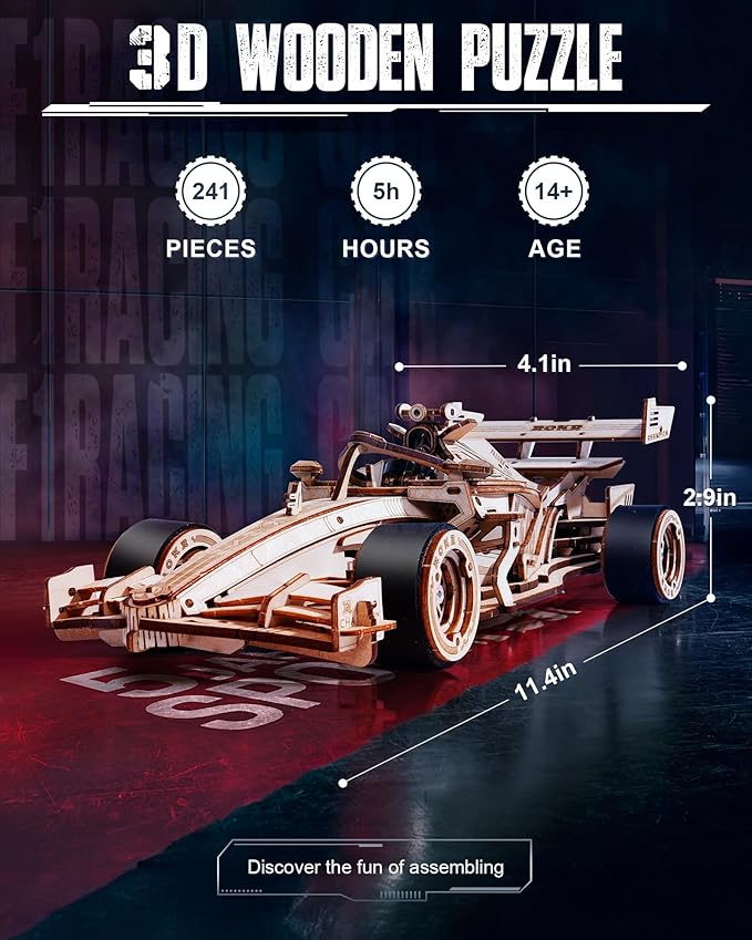 ROKR 3D Wooden Puzzle 1:18 Scale Formula Racing Cars for Adults 5 Hour Build Wind up Toys Model Car Kits for Adults to Build Ideal Gift for Boys and Men