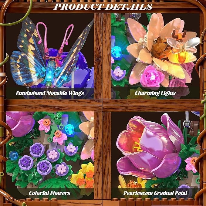 Butterfly Building Sets with Moving Wings &amp LED Lights Botanical Flowers Collection Building Blocks for Adults Butterfly Gifts Model Building Kits for Mom Girlfriend Wife on Birthday Valentine's