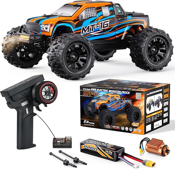 ZD Racing MT-16 1/16 50MPH Brushless 4WD RC TruckUpgradeable All-Terrain Remote Control Cars with 3S BatteryWaterproof Fast Off-Road RC Truggy for AdultsSuitable as Gift for Snow/Sand Adventures