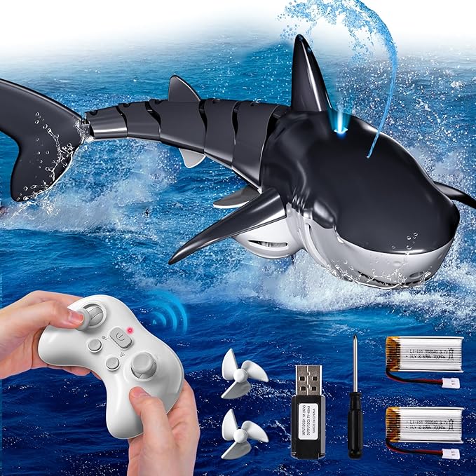 Remote Control Shark Toys for Boys Kids 1:18 Scale High Simulation Shark for Pool 2.4Ghz Electric RC Shark Boat Fish Toys with Light &amp Spray Toy Shark Gifts for 6 7 8 9 Year olds Kid Boys Girls