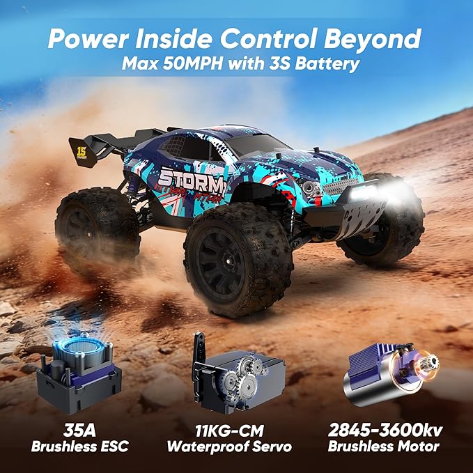 1/14 Scale Fast Brushless RC TruckMax 50 MPH High-Speed 4X4 Off-Road VehicleWaterproof All-Terrain Remote Control Truggy with 3S LiPo Battery - Includes 4 Spare Parts Kits