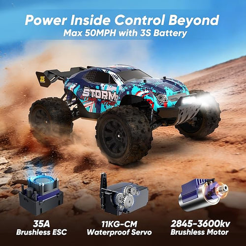 1/14 Scale Fast Brushless RC TruckMax 50 MPH High-Speed 4X4 Off-Road VehicleWaterproof All-Terrain Remote Control Truggy with 3S LiPo Battery - Includes 4 Spare Parts Kits